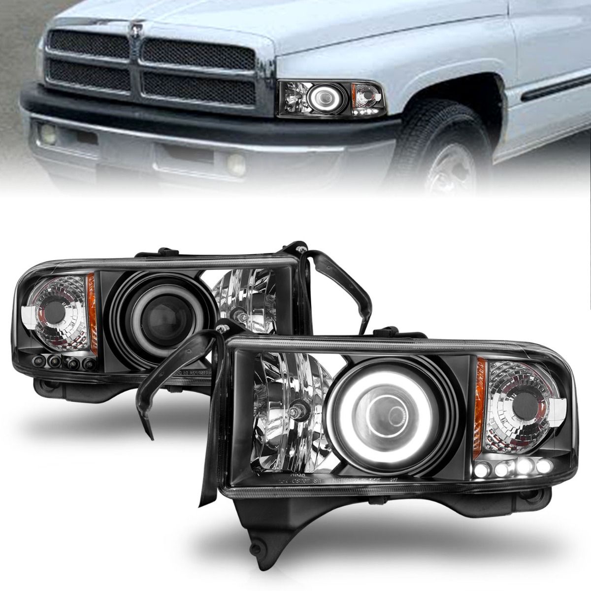 ANZO Projector Headlights w/ Halo (Black): Dodge Ram 1994 - 2002 (1500, 2500, 3500)