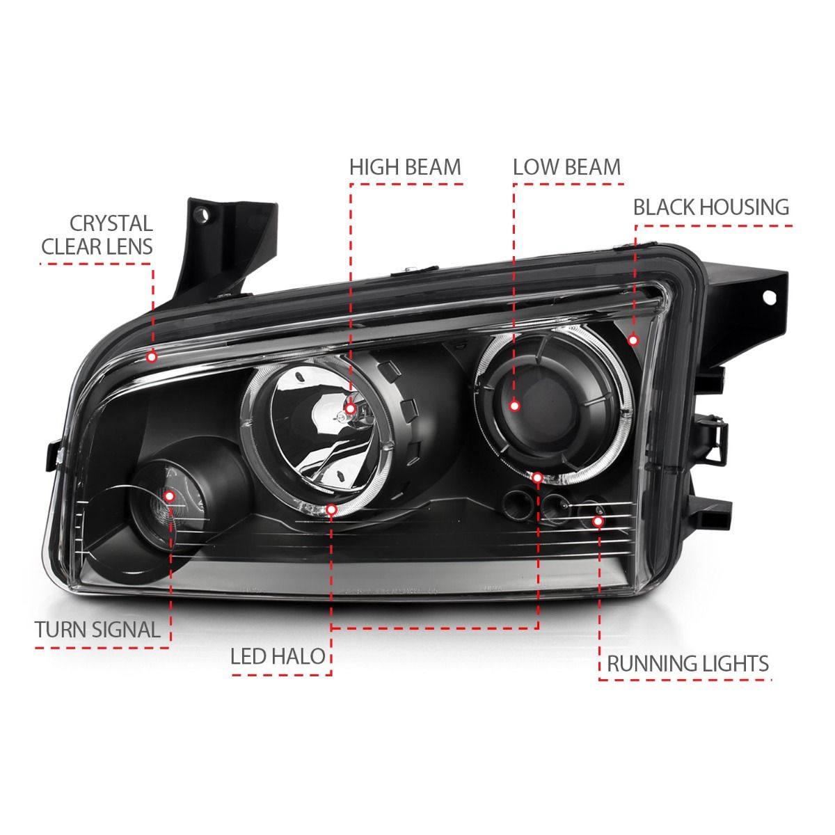 ANZO Halogen Projector Headlights w/ Halo (Black): Dodge Charger 2006 - 2010