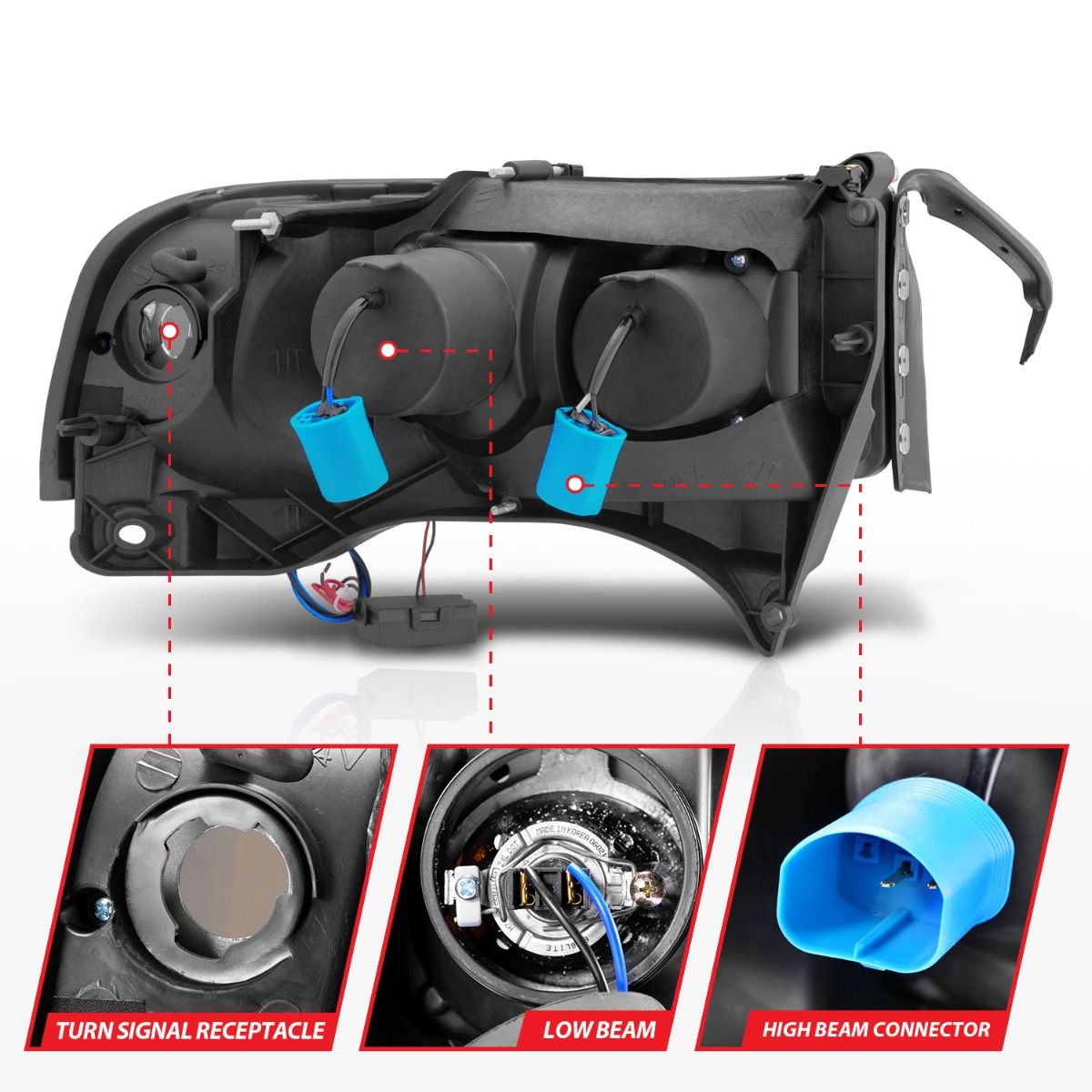 ANZO Projector Headlights w/ Halo (Black): Dodge Ram 1994 - 2002 (1500, 2500, 3500)