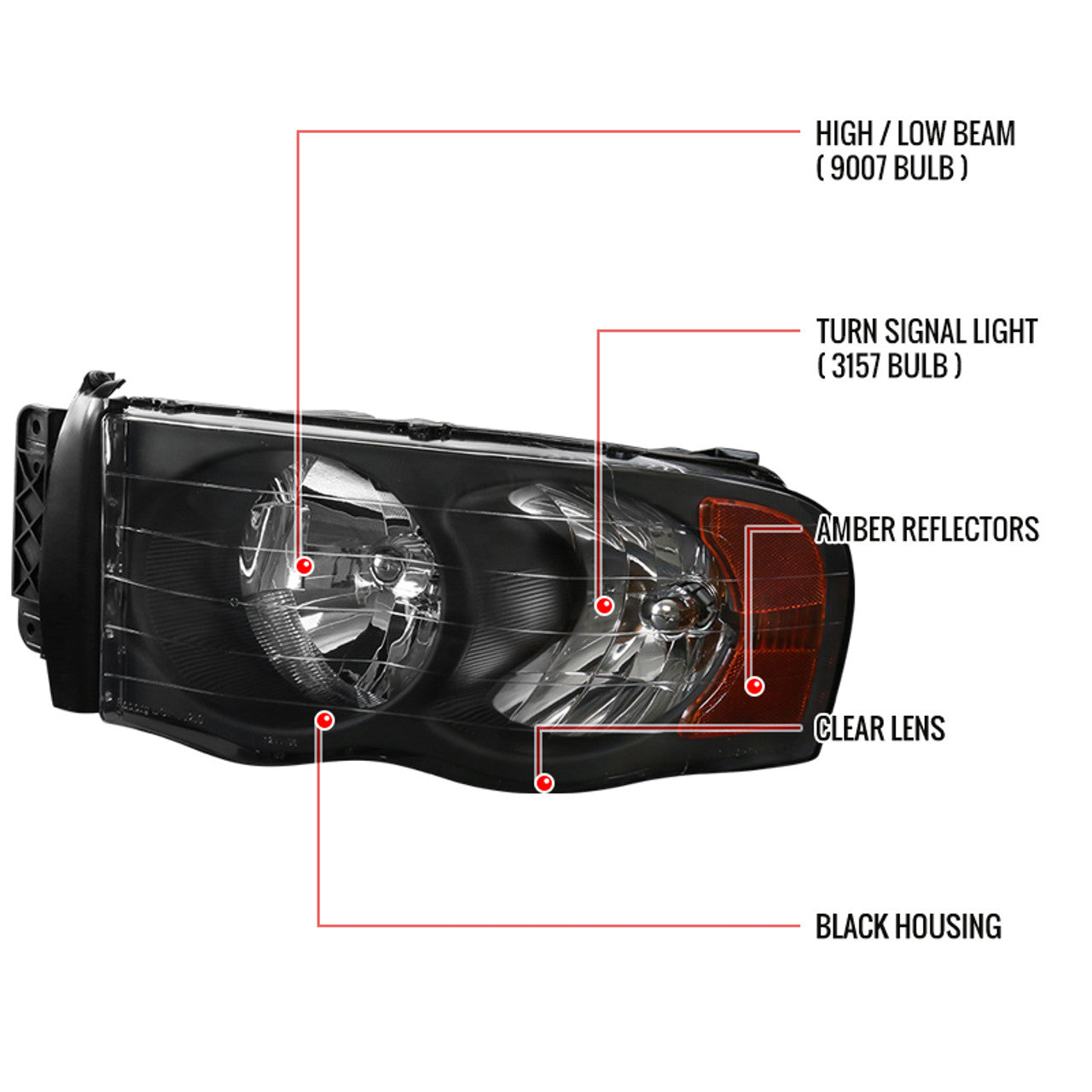 Spec D Euro Head Lights (Black): Dodge Ram 2002 - 2005