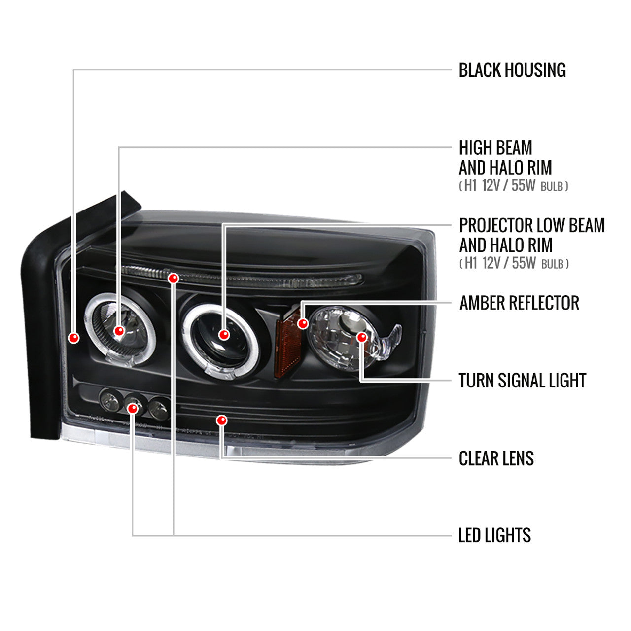 Spec D LED Projector HeadLights (Black): Dodge Dakota 2005 - 2007