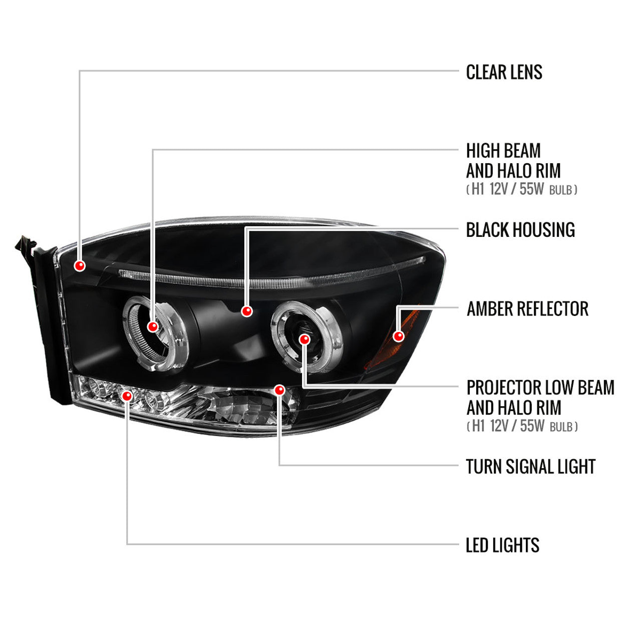 Spec D LED Projector HeadLights (Black): Dodge Ram 2006 - 2008