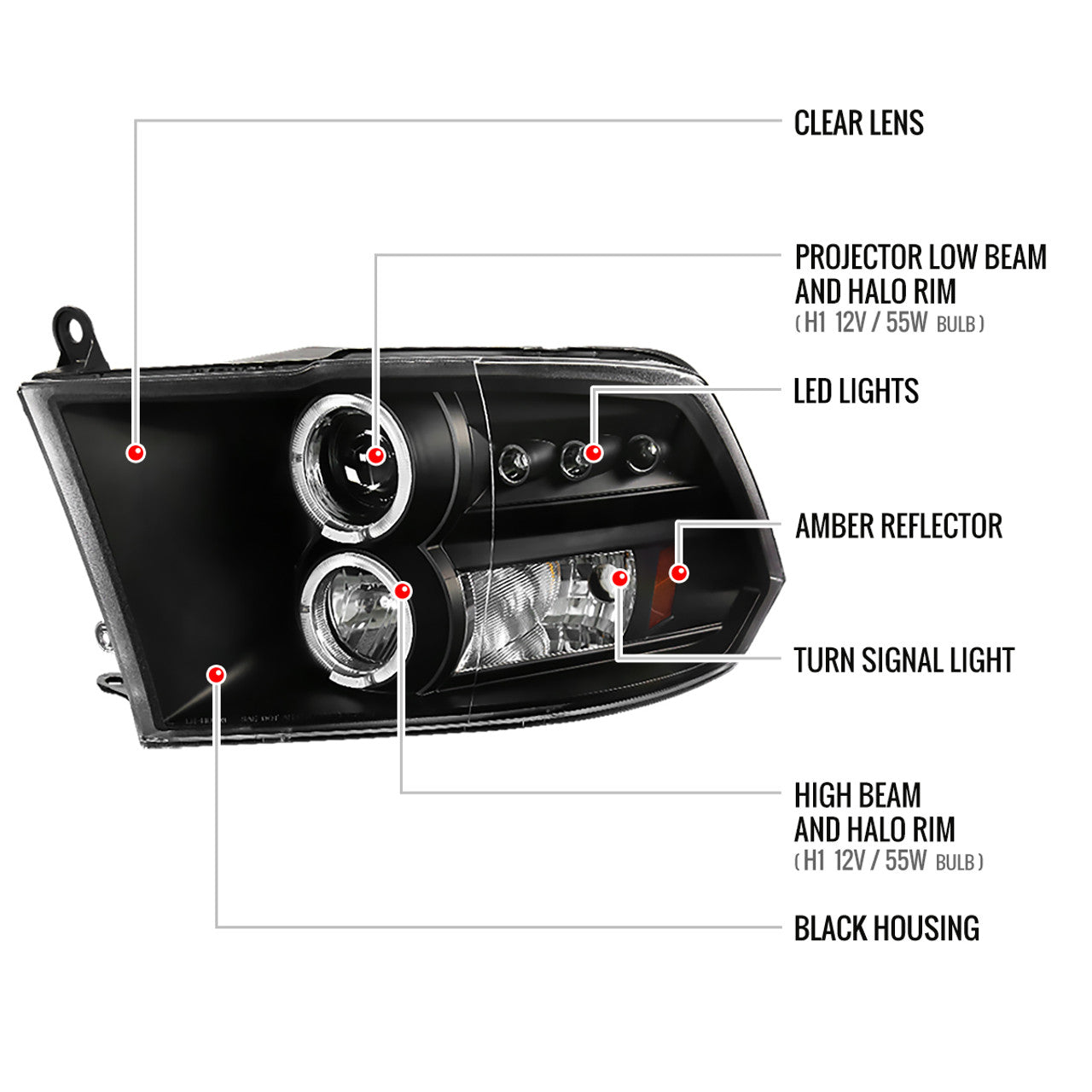 Spec D LED Projector HeadLights (Black): Dodge Ram 2009 - 2016