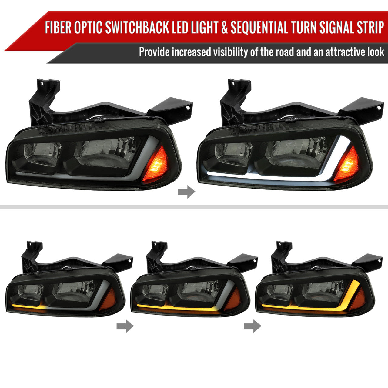 Spec D Sequential LED Headlights (Smoke): Dodge Charger 2006 - 2010