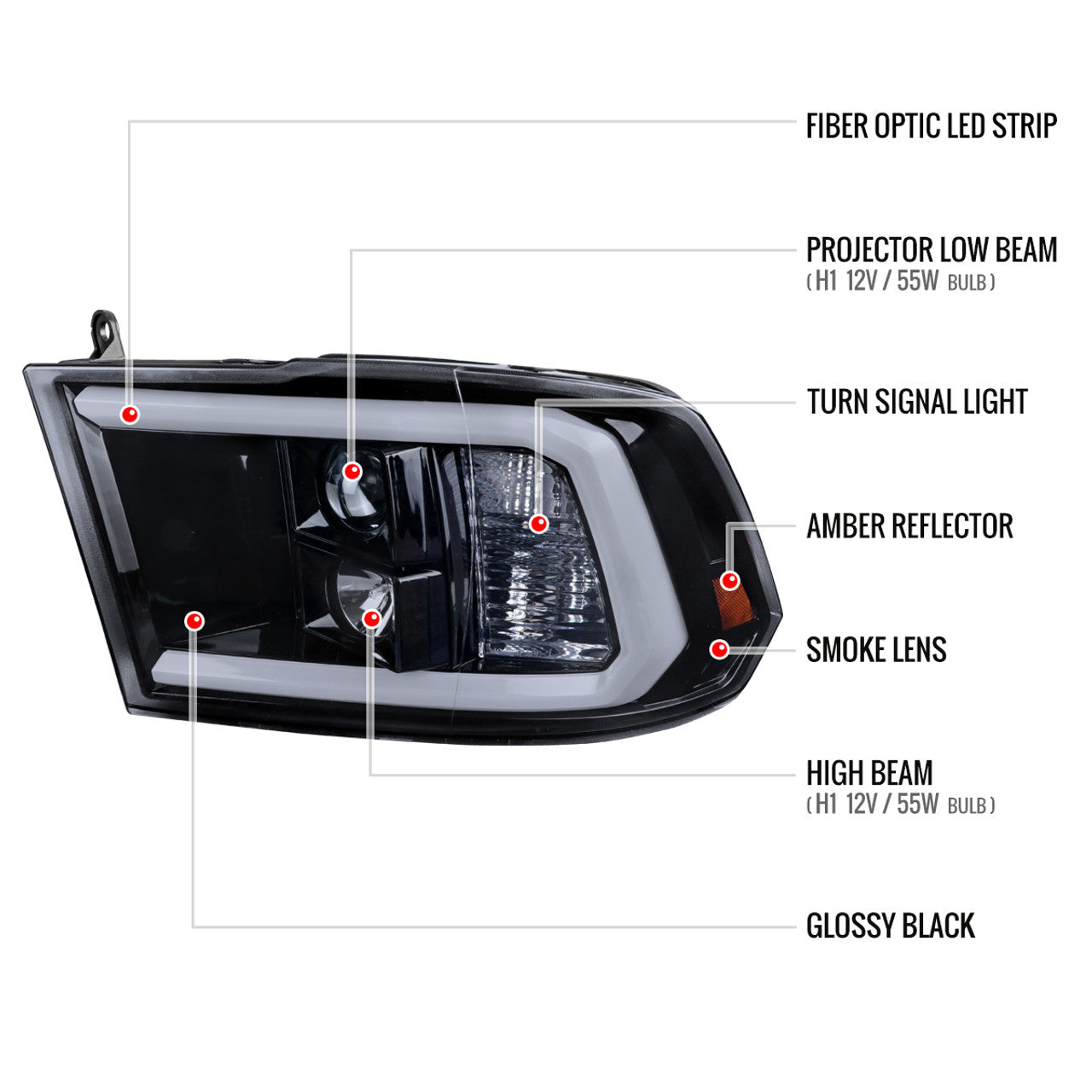 Spec D Projector Headlights w/ Light Bar (Smoke): Dodge Ram 2009 - 2018