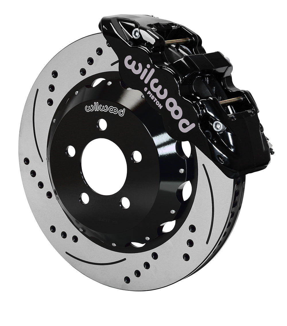 Wilwood AERO6 6-Piston Front Big Brake Kit (Black Calipers, Drilled Rotors): 300 / Challenger / Charger 2012 - 2024 (Excluding AWD, 6.4L 392 & 6.2L Hellcat)