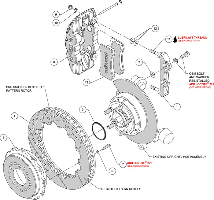 Wilwood AERO4 4-Piston Rear Big Brake Kit (Red Calipers, Slotted Rotors): 300 / Challenger / Charger / Magnum 2005 - 2011 (Excluding AWD, 6.1L SRT8, 6.4L 392)