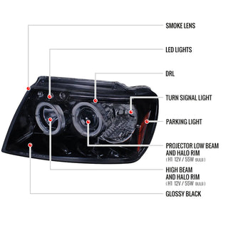 Spec D Projector Halo Headlights (Smoke): Jeep Grand Cherokee 1999 - 2004