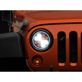 Raxiom Axial Spider LED Headlight Amber DRL Chrome Hsng: Jeep Wrangler 1997-2018 4.0L I6 / 3.8L V6 / 3.6L V6 - Clear Lens