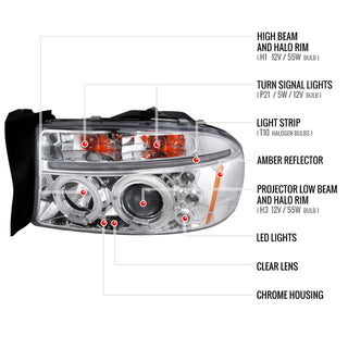 Spec D Projector Halo Headlights (Chrome): Dodge Dakota & Durango 1997 - 2004