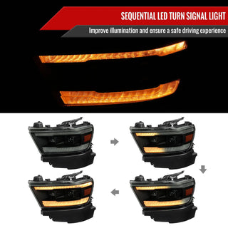 Spec D Projector Halo Headlights (Smoke w/ Sequential Turn Signal): Ram 1500 2019 - 2024