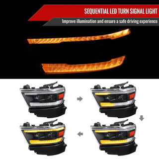 Spec D Projector Halo Headlights (Black w/ Sequential Turn Signal): Ram 1500 2019 - 2024