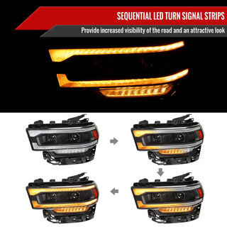 Spec D Projector Halo Headlights (Black w/ Sequential LED Signal): Ram 2500 & 3500 2019 - 2024