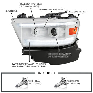 Spec D DRL LED Projector Headlights (White w/ Switchback Sequential Signal): Ram 1500 2019 - 2024