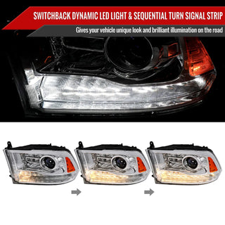Spec D Projector Halo Headlights w/ LED Bar & Sequential Turn Signal (Chrome): Ram 2013 - 2018