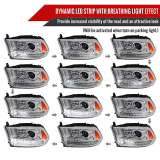 Spec D Projector Halo Headlights w/ LED Bar & Sequential Turn Signal (Chrome): Ram 2013 - 2018