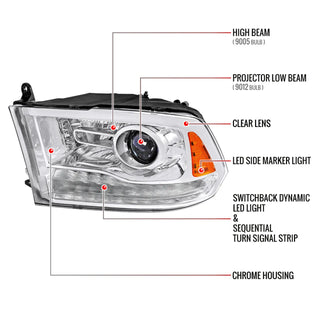 Spec D Projector Halo Headlights w/ LED Bar & Sequential Turn Signal (Chrome): Ram 2013 - 2018