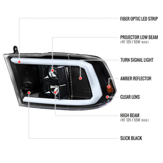 Spec D Projector Headlights w/ Light Bar (Glossy Black): Dodge Ram 2009 - 2018
