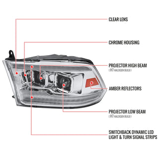 Spec D Projector Halo Headlights (Chrome w/ LED Sequential Signal): Dodge Ram 2009 - 2018