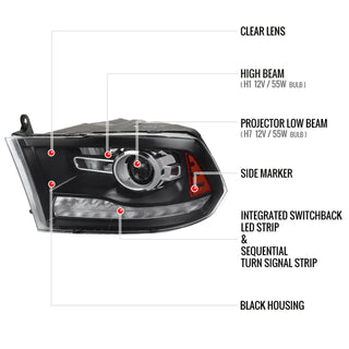 Spec D Projector Halo Headlights (Black w/ Sequential Turn Signal): Dodge Ram 2009 - 2018