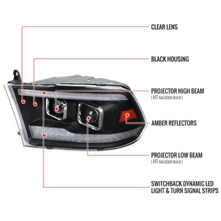 Spec D Projector Halo Headlights (Black w/ LED Sequential Signal): Dodge Ram 2009 - 2018