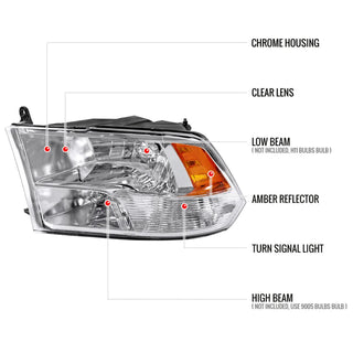 Spec D OEM Style Quad Headlights w/ LED Bar (Chrome): Dodge Ram 2009 - 2018