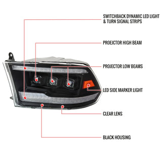 Spec D LED Projector Headlights (Black w/ Sequential Signal): Dodge Ram 2009 - 2018