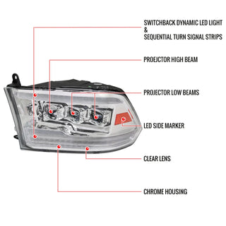 Spec D LED Headlights (Chrome w/ LED Sequential Signal): Dodge Ram 2009 - 2018