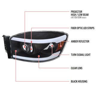 Spec D Projector Halo Headlights w/ LED Bar (Black): Dodge Ram 2006 - 2008