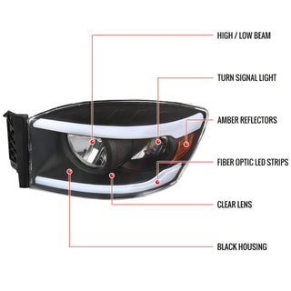 Spec D OEM Style Headlights w/ LED Bar (Black): Dodge Ram 2006 - 2008