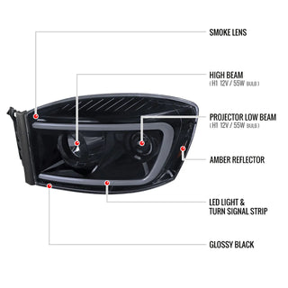 Spec D LED Projector Headlights (Smoke): Dodge Ram 2006 - 2008