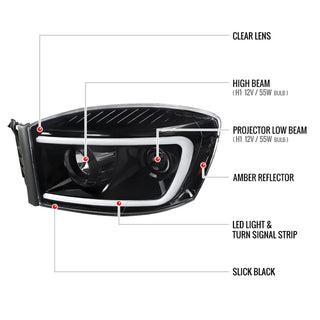 Spec D LED Projector Headlights (Glossy Black): Dodge Ram 2006 - 2008