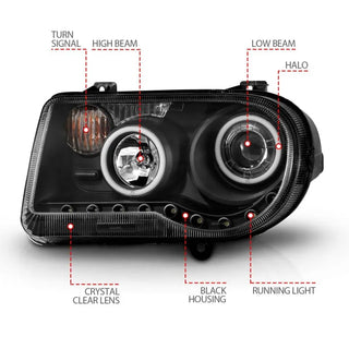 ANZO Projector Headlights w/ Halo Black (CCFL) G2: Chrysler 300 / 300C SRT8 (2005-2010)