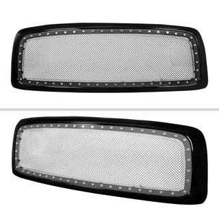 Spec D Rivet Style Stainless Steel Mesh Grille (Glossy Black Outer): Dodge Ram 2002 - 2005