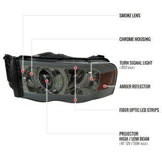 Spec D Projector Halo Headlights w/ LED Bar (Smoke): Dodge Ram 2002 - 2005
