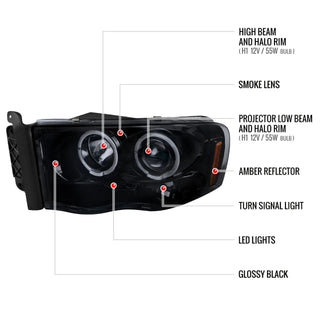 Spec D Projector Halo Headlights (Smoke): Dodge Ram 2002 - 2005