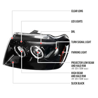 Spec D Projector Halo Headlights (Glossy Black): Jeep Grand Cherokee 1999 - 2004