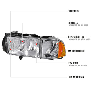 Spec D OEM Style Headlights & Corner Lights (Chrome): Dodge Ram 1500 Sport 1999 - 2001