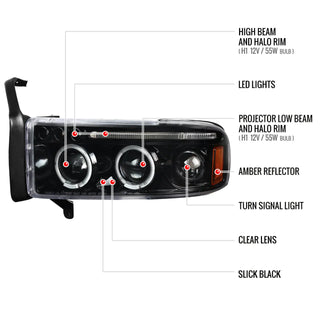Spec D Projector Halo Headlights (Glossy Black): Dodge Ram 1994 - 2002