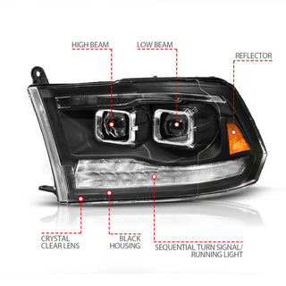 ANZO LED Projector Headlights w/ Sequential Signal (PAIR): Fits Ram (02-24) - Black
