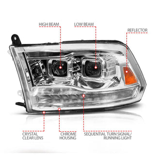 ANZO LED Projector Headlights w/ Sequential Signal (PAIR): Fits Ram (02-24) - Chrome