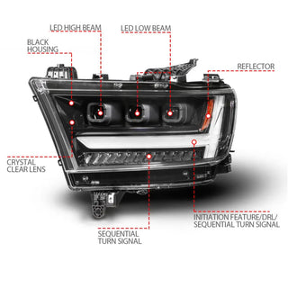 ANZO Full LED Projector Headlight w/ DRL & Sequential Signal (DRIVER): Ram 1500 (19-24) - Black