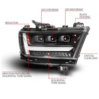 ANZO Full LED Projector Headlight w/ DRL & Sequential Signal (PASSENGER): Ram 1500 (19-24) - Black