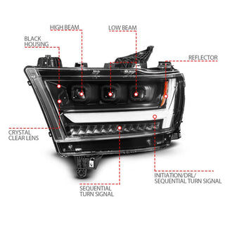 ANZO Full LED Projector Headlight w/ DRL & Sequential Signal (PASSENGER): Ram 1500 (19-24) - Black