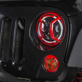 Rugged Ridge Red Elite Cast Aluminum Headlight Euro Guards (F&R): Jeep Wrangler (07-18)