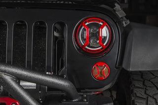 Rugged Ridge Red Elite Cast Aluminum Headlight Euro Guards (F&R): Jeep Wrangler (07-18)