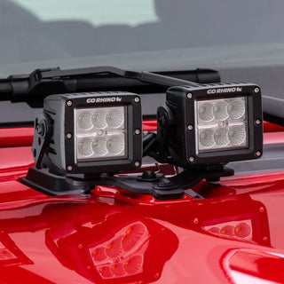 Go Rhino Hood Hinge Light Mount for Two 3in Cubes: Fits Jeep Wrangler / Gladiator (07-26) - Black