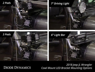 Diode Dynamics Cowl Mount LED Bracket Kit: Fits Most Jeep Wrangler / Gladiator Models (2007-2026)