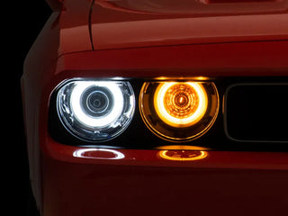 Raxiom Dual LED Halo Projector Headlights Black Housing (Clear Lens): Dodge Challenger 2008-2014