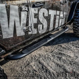 Westin Textured Black Platinum 4 Oval Nerf Step Bars: Jeep Wrangler 2018-2024